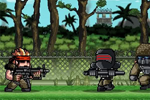 Három pixel-art stílusú katona fegyverekkel áll egy dzsungel háttér előtt