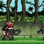 Három pixel-art stílusú katona fegyverekkel áll egy dzsungel háttér előtt