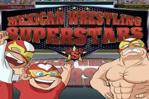 Három rajzfilmfigura mexikói birkózómaszkban egy színes banneren, amelyen a Mexican Wrestling Superstars felirat olvasható