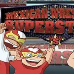 Három rajzfilmfigura mexikói birkózómaszkban egy színes banneren, amelyen a Mexican Wrestling Superstars felirat olvasható