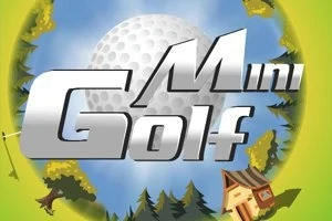 Egy nagy méretű golflabda háttér előtt a Mini Golf felirat ezüst színnel, fa és ház illusztrációkkal körülvéve