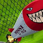 Vörös-fehér rakéta nagy, vigyorgó fogakkal, zöld háttérrel és hálómintával
