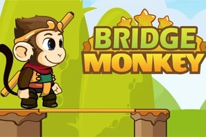 Rajzfilmszerű majom karakter áll két oszlop között húzódó hídon, háttérben zöld dombok és a Bridge Monkey felirat látható