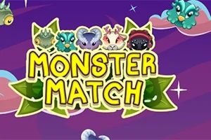 Arany színű Monster Match felirat színes szörnyecskék és levelek díszítésével egy lila háttér előtt