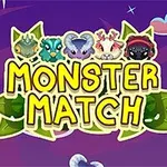 Arany színű Monster Match felirat színes szörnyecskék és levelek díszítésével egy lila háttér előtt