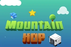 Zöld és kék háttér előtt Mountain Hop felirat látható, csillag, felhők, fa, kék madár és fehér kocka formájú figura társaságában