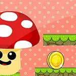 Egy mosolygós, pöttyös kalapú gomba karakter, mellette aranyszínű érmével, zöld platformokkal díszített háttérrel
