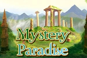 Ősi romokkal körülvett domb a hegyek között, Mystery Paradise felirattal