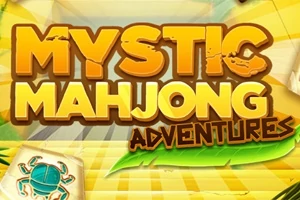 Színes, sárga tónusú logó Mystic Mahjong Adventures felirattal, alatta zöld növényi motívummal és egy mahjong lap jelképes ábrával