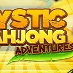 Színes, sárga tónusú logó Mystic Mahjong Adventures felirattal, alatta zöld növényi motívummal és egy mahjong lap jelképes ábrával