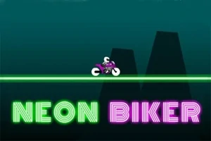 Egy neon zöld vonalon motorozó figura, háttérben sötét háromszög alakzatokkal, alul NEON BIKER szöveg látható neon betűkkel