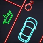 Neon sziluettű autó piros vonalakkal határolt úton, körülötte korona, bomba és csillag szimbólumok