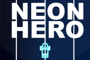 A sötét háttér előtt egy Neon Hero felirat és egy kis kék neon robotfigura látható