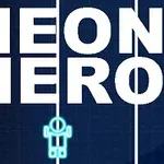 A sötét háttér előtt egy Neon Hero felirat és egy kis kék neon robotfigura látható