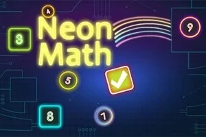 Színes neon számok és szimbólumok sötét háttéren, középen a Neon Math felirattal