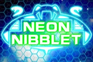 Fényes kék hátterű, hatszög mintázatú kép Neon Nibblet felirattal és fluoreszkáló dizájnnal