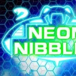Fényes kék hátterű, hatszög mintázatú kép Neon Nibblet felirattal és fluoreszkáló dizájnnal