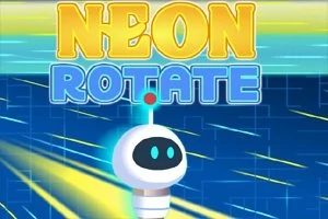 Sárga és kék neonfényes háttér előtt lebegő fehér, rajzfilmszerű robot