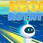 Sárga és kék neonfényes háttér előtt lebegő fehér, rajzfilmszerű robot