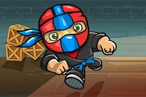 Rajzolt ninja karakter vörös-kék maszkkal, kék övvel és fekete ruhával, dobozok mellett fut