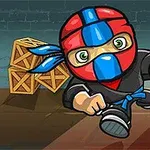 Rajzolt ninja karakter vörös-kék maszkkal, kék övvel és fekete ruhával, dobozok mellett fut
