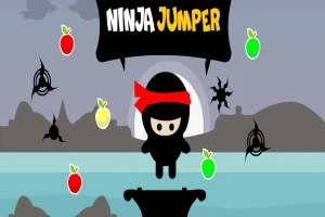 Egy fekete ruhás, piros fejpántos rajzfilmszerű ninja figura ugrik egy platformon, körülötte színes gyümölcsökkel és dobócsillagokkal