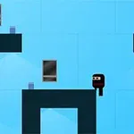 Egy fekete ruhás, maszkos figura áll kék hátterű, platformokból álló helyszínen
