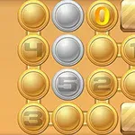 Arany és ezüst színű érmék számai 0-tól 5-ig egy narancssárga háttéren