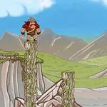 Rajzfilmszerű tájkép sziklás oszlopokkal, egy piros köpenyes, szarvakkal rendelkező karakterrel az egyik oszlop tetején, háttérben hegyekkel és kék égbolttal