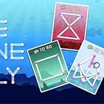 Három színes kártya geometriai ábrákkal és a ONE LINE ONLY felirat egy világoskék háttéren
