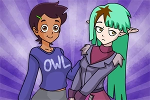 Két rajzolt karakter, az egyik barna bőrű, rövid hajú és OWL feliratú felsőt visel, a másik zöld hajú és hegyes fülű, lila ruhában, lilás árnyalatú háttér előtt állnak