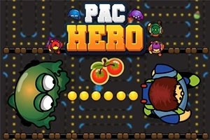 Két rajzfilmszerű figura egy sötét labirintusban számos sárga pontot követve, középső részén piros paradicsomokkal, és a képen a PAC HERO felirat olvasható