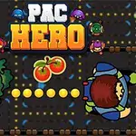 Két rajzfilmszerű figura egy sötét labirintusban számos sárga pontot követve, középső részén piros paradicsomokkal, és a képen a PAC HERO felirat olvasható