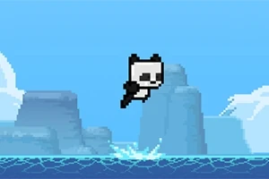 Pixel art panda ugrik a kék óceán fölött, háttérben hegyekkel