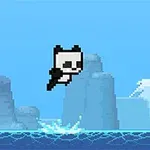 Pixel art panda ugrik a kék óceán fölött, háttérben hegyekkel