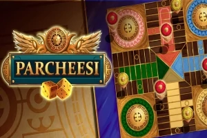 Társasjáték tábla színes mezőkkel és középen egy Parcheesi feliratú logó két kockával
