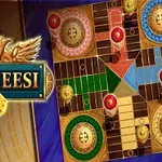 Társasjáték tábla színes mezőkkel és középen egy Parcheesi feliratú logó két kockával