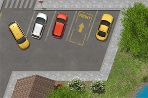 Légi felvétel egy parkolóról négy autóval, közte sárga útburkolati jellel, melyen a FRONT felirat és egy nyíl látható, körülötte füves területtel és járdával