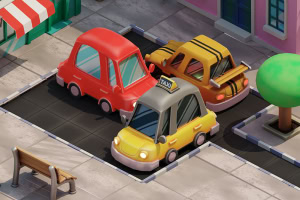 Három rajzfilmszerű autó parkol egy városi utcában, egy sárga taxi az előtérben, körülvéve egy piros és egy narancssárga autóval, háttérben zöld lombos fa és egy épület látható