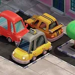 Három rajzfilmszerű autó parkol egy városi utcában, egy sárga taxi az előtérben, körülvéve egy piros és egy narancssárga autóval, háttérben zöld lombos fa és egy épület látható