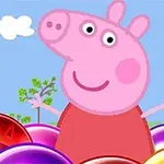 Egy rajzfilmfigura rózsaszín kis állat piros ruhában áll színes buborékok között kék ég és napos háttér előtt