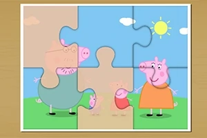 Rajzfilm stílusú puzzle, amely két felnőtt malacot és két kismalacot ábrázol napos, kék ég alatt