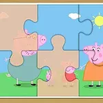 Rajzfilm stílusú puzzle, amely két felnőtt malacot és két kismalacot ábrázol napos, kék ég alatt