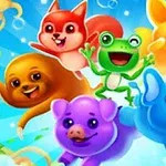 Öt színes, vidám és rajzfilmszerű állat ugrál a levegőben kék háttér előtt