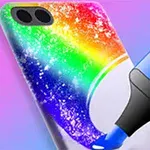 Szivárványszínű telefontok, amelyen egy kék filctollal végzett díszítés látható