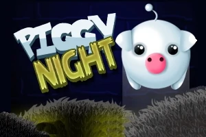 A képen egy aranyos fehér malacfigura látható nagy szemekkel, mellette a Piggy Night felirat szerepel