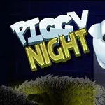 A képen egy aranyos fehér malacfigura látható nagy szemekkel, mellette a Piggy Night felirat szerepel