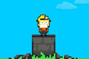 Pixeles karakter sárga sapkában és fejlámpával áll egy kocka alakú, fekete talapzaton, kék éggel és felhőkkel a háttérben
