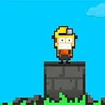 Pixeles karakter sárga sapkában és fejlámpával áll egy kocka alakú, fekete talapzaton, kék éggel és felhőkkel a háttérben