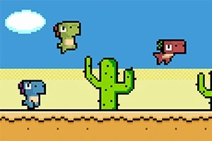 Pixeles dinoszauruszok ugrálnak kaktuszok között sivatagi háttérrel